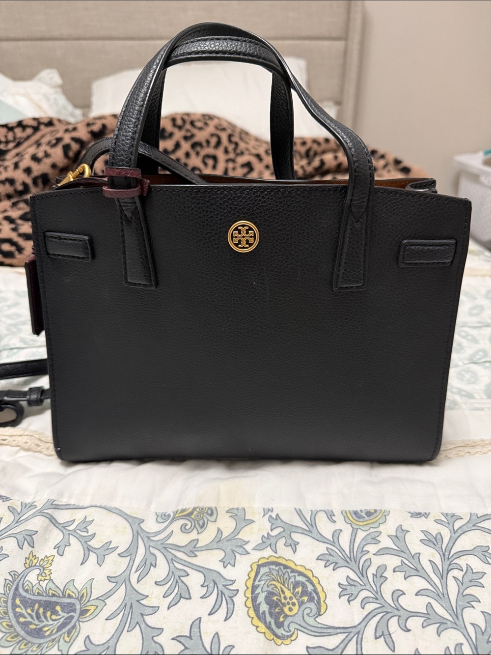 Tory Burch Black Leather Satchel with Gold Logo Accent